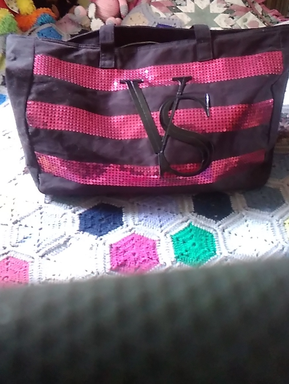 Victoria's Secret Black Tote with Pink Sequin Stripes